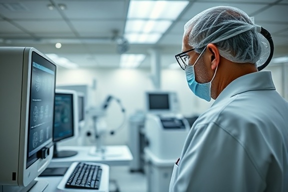 innovative diagnostic equipment, focused, being operated by a technician, photorealistic, spacious lab room with sophisticated machinery, highly detailed, lights blinking on devices, high resolution, metallic shades, direct lighting, shot with a 24mm wide-angle lens