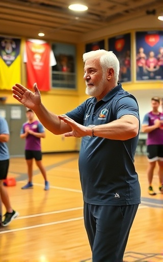 enthusiastic coach, filled with encouragement, demonstrating exercises, photorealistic, sports facility with vibrant posters and equipment, highly detailed, motion blur capturing action, sharp focus, bright engaging colors, artificial high-key lighting, shot with a 70-200mm telephoto lens