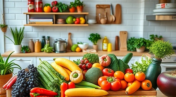perfectly balanced diet plan, neatly arranged, showcasing variety, photorealistic, busy kitchen with cookbooks and fresh produce, highly detailed, vibrant freshness, high contrast, natural hues, gentle ambient glow, shot with a tilt-shift lens