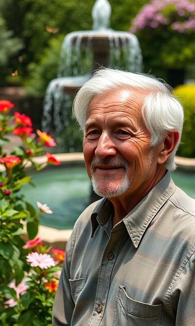 peaceful elderly man, satisfied expression, in a garden, photorealistic, blooming flowers and a water fountain background, highly detailed, butterflies fluttering around, 35mm lens, vivid colors, dappled sunlight, shot with a Nikon Nikkor lens.