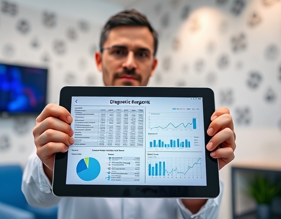 comprehensive diagnostic report, expressive, displayed on a digital tablet, photorealistic, modern clinical office with interesting patterns on walls, highly detailed, showing data graphs, sharp clarity, neutral colors, soft ambient lighting, shot with a 35mm lens