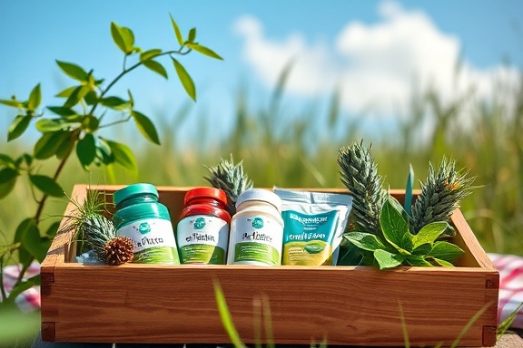 pure natural supplements, refreshed, arranged in a vintage wooden box, photorealistic, outdoor picnic setup with blue skies and greenery, highly detailed, gentle breeze swaying nearby leaves, ultra-high definition, fresh green palette, bright daylight, shot with a 70-200mm telephoto lens.