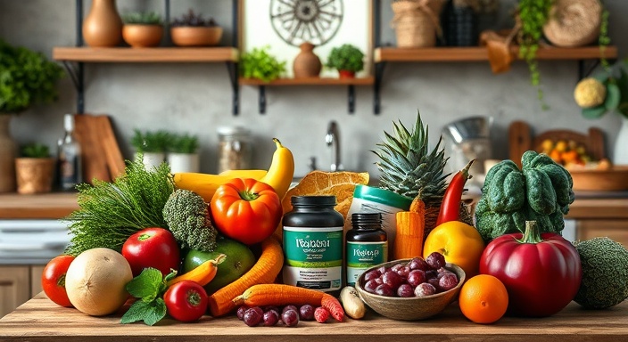 robust wellness supplements, empowered, displayed creatively with fruits and vegetables, photorealistic, farmhouse kitchen with a rustic charm, highly detailed, contrasting colors and textures standing out dynamically, ultimate clarity, vibrant colors, naturally diffused sunlight, shot with a 24-70mm zoom lens.