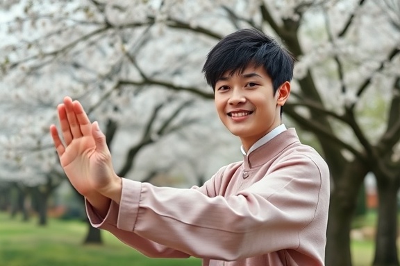 relaxed teenager, smiling expression, doing tai chi, photorealistic, serene park with cherry blossom trees, highly detailed, gentle wind moving the blossoms, 24mm lens, soft pink and green colors, even soft lighting, shot with a Leica Summicron lens.