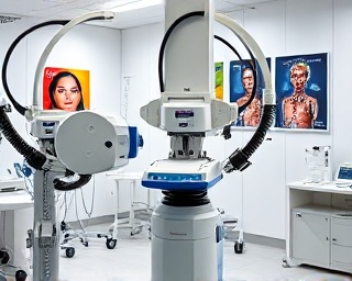 in-depth diagnostic test, meticulous, underway with precision instruments, photorealistic, contemporary lab with vivid posters, highly detailed, automated robotic arms in motion, extreme accuracy, neutral color scheme, artificial bright lighting, shot with a 135mm telephoto lens