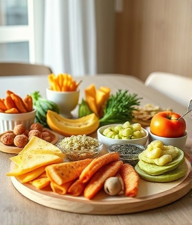 healthy snack assortment, mouth-watering, laid out on a table, photorealistic, minimalist dining room with natural wood textures, highly detailed, lively textures, 12MP clarity, pastel shades, soft diffused lighting, shot with a 35mm lens