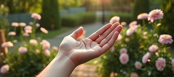 calming wellness supplements, serene, gently held in a person's hand, photorealistic, tranquil garden with blooming flowers and greenery around, highly detailed, hand and twinkling sunlight playing dynamically, sharp image clarity, pastel shades, diffused natural light, shot with an 85mm prime lens.