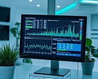 detailed diagnostic results, clear, displayed on a computer screen, photorealistic, clutter-free medical office with potted plants, highly detailed, numerous data points, crisp detail, soft blue and green tones, diffused lighting, shot with a 50mm lens