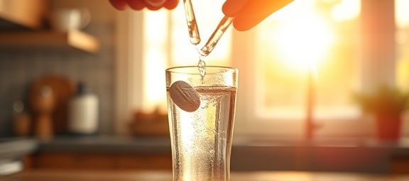 energizing vitality supplements, radiant, being poured into a glass of water, photorealistic, cozy kitchen counter bathed in golden sunlight, highly detailed, effervescent bubbles rising dynamically, high-resolution imagery, bright hues, soft afternoon glow, shot with a 35mm macro lens.