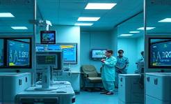 cutting-edge personalized healthcare technology, thoughtful, analyzing patient data, photorealistic, modern clinic environment, highly detailed, digital displays and monitors, 4k resolution, cool silver and green, ambient interior lighting, shot with a 35mm lens