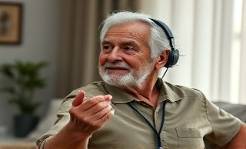 engaging personalized healthcare patient, hopeful, using wearable tech, photorealistic, smart home setting, highly detailed, interactive health monitoring, 16k resolution, soothing earth tones, soft natural light, shot with an 85mm lens