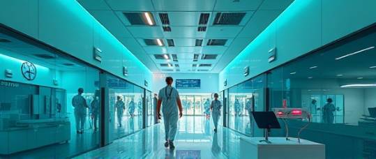 innovative personalized healthcare innovation, dynamic, reshaping patient experience, photorealistic, integrated smart city clinic, highly detailed, augmented reality features, 64k resolution, futuristic teal and white, evening city lights, shot with a telephoto lens