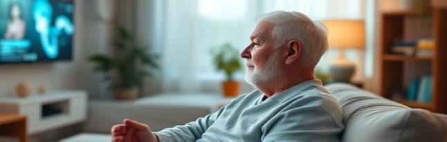 interactive personalized healthcare patient, determined, engaging with AI assistant, photorealistic, cozy living room space, highly detailed, smart displays and projections, 8k resolution, soft pastel colors, diffused daylight, shot with a tilt-shift lens