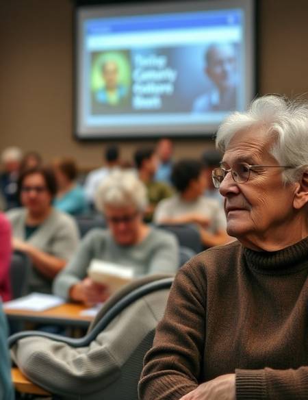 elderly couple, attentive, participating in a community health seminar, photorealistic, in a public library multipurpose room with a projector screen behind, highly detailed, people in the background taking notes, f/4.0, muted color tones, diffused lighting, shot with a 24mm lens.