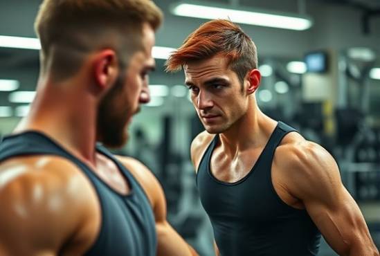 young adult, determined, engaging in a fitness routine with a personal trainer, photorealistic, in a gym with mirrors and equipment, highly detailed, dynamic pose with sweat visible, high shutter speed, vibrant colors, direct overhead lighting, shot with a 85mm lens.