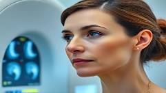 female adult, focused, undergoing a mammogram screening, photorealistic, in a radiology room with medical equipment, highly detailed, close-up of machine with digital display, low ISO, accurate skin tones, clinical lighting, shot with a macro lens.