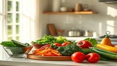 vegetarian meal, appetizing, being prepared by a nutritionist, photorealistic, in a home kitchen with sunlight streaming through curtains, highly detailed, fresh ingredients on the counter, low noise, rich natural colors, soft morning light, shot with a 24mm lens.