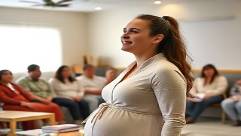 young mother, hopeful, attending a pre-natal wellness seminar, photorealistic, in a community center with other expectant mothers seated in a circle, highly detailed, display of pregnancy-related books on a table, f/2.8, pastel colors, overhead soft lighting, shot with a 28mm lens.