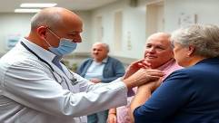 doctor, caring, administering flu shots to a group of seniors, photorealistic, in a healthcare clinic communal area with informational brochures, highly detailed, seniors showing brave faces, ISO 200, natural color grading, bright artificial lighting, shot with a 50mm lens.