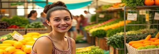 integrative holistic nutrition, curious expression, exploring organic market, photorealistic, bustling farmers' market setting, highly detailed, vegetables displayed colorfully, sunny yellows and greens, bright midday lighting, shot with a standard zoom lens.