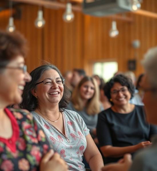 connected wellness lifestyle, enthusiastic expression, engaging in community session, photorealistic, vibrant community center, highly detailed, lively chatter and laughter, assorted warm hues, overhead soft lighting, shot with a wide focal length lens.