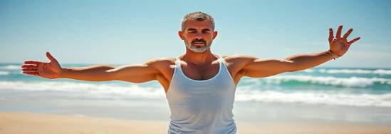 revitalizing wellness yoga, determined expression, stretching in warrior pose, photorealistic, sunlit beach, highly detailed, waves crashing softly on shore, bright blue skies and sandy tones, midday lighting, shot with a compact wide-angle lens.