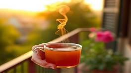 refreshing wellness lifestyle, awakening expression, sipping herbal tea outdoors, photorealistic, quaint countryside balcony, highly detailed, steam rising lazily from cup, warm pinks and oranges, sunrise lighting, shot with a prime lens.
