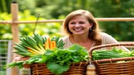 nurturing holistic nutrition, joyful expression, harvesting garden vegetables, photorealistic, home vegetable plot, highly detailed, fresh produce in baskets, earthy greens and browns, dappled sunlight, shot with a tilt-shift lens.